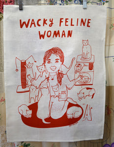 WACKY FELINE WOMAN tea towel