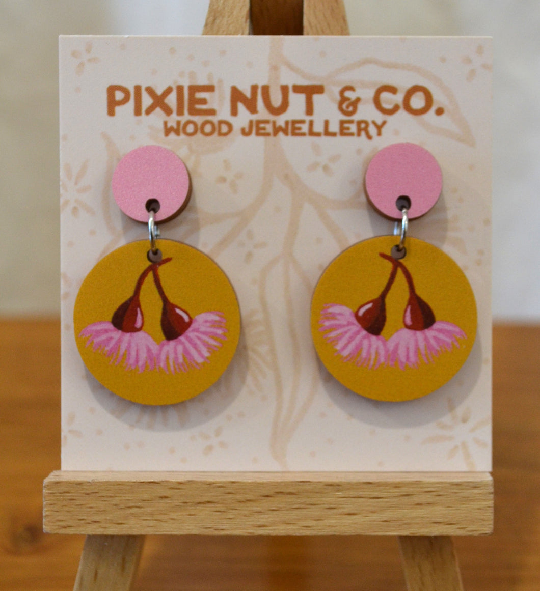 Pixie Nut Wattle and Gum Blossom round earrings